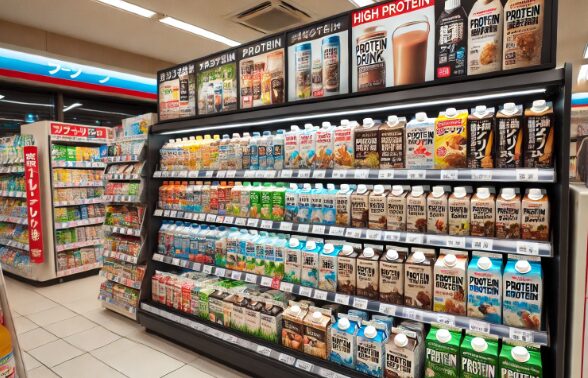 日本のコンビニで、さまざまなブランドやフレーバーのプロテインドリンクが並ぶ整然とした売り場。ボトルやカートンがきれいに並べられ、明るい照明の下で健康志向の商品が強調されている。 