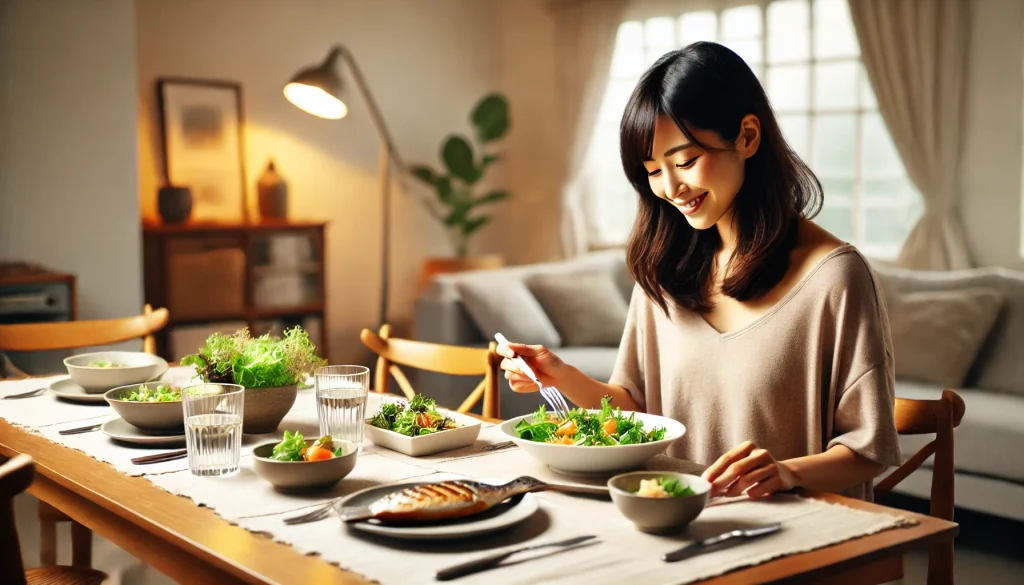 20代後半の日本人女性が、モダンで落ち着いたダイニングスペースでバランスの取れた夕食を楽しんでいる様子。サラダや焼き魚、蒸し野菜などの健康的なメニューを食べながら微笑んでいる。 