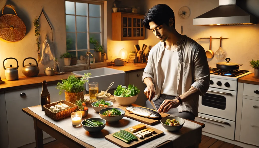 グリル魚と野菜を使ったヘルシーディナーを準備するアジア人男性 