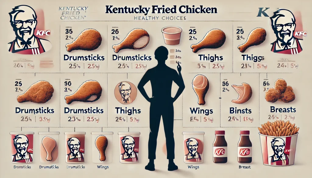 ケンタッキーのチキン各部位（ドラムスティック、もも肉、手羽、胸肉）のカロリーと栄養成分を比較するシルエット 
