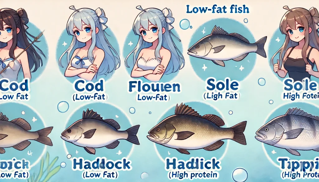 低脂質でダイエットに適した5つの魚（タラ、カレイ、ヒラメ、ハドック、ティラピア）をアニメ風に描いたイメージ

