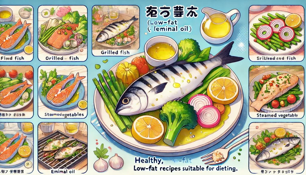 アニメ風に描かれた、低脂質で健康的な魚料理（グリルや蒸し魚と野菜）が並んだイメージ

