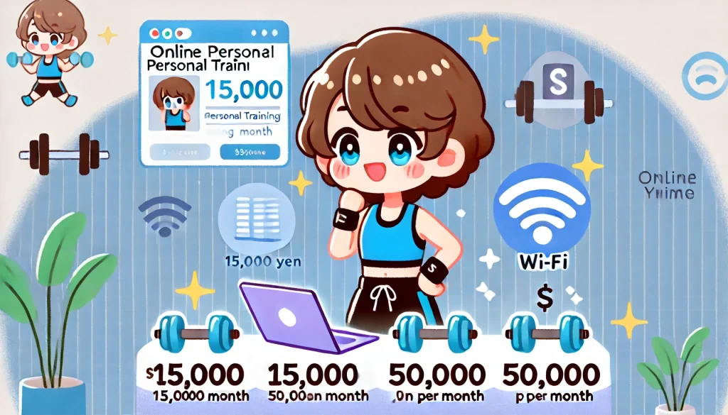 かわいいアニメタッチで、オンラインパーソナルトレーニングの料金相場を示すイラスト。キャラクターが15,000円から50,000円の価格タグを見ている。ノートパソコンやダンベル、Wi-Fiのアイコンが周囲に配置され、明るくポップな雰囲気が表現されている。 